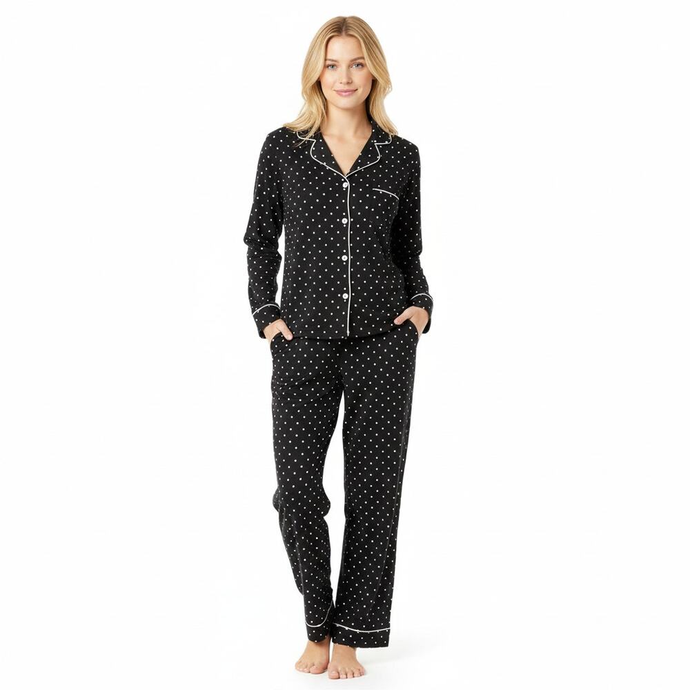 DKNY Long Pajama Set Womens Medium Polka‎ Dot Black White Fleece Notch
